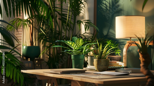 Modern workplace in room decorated with green potted plants Home design : Generative AI