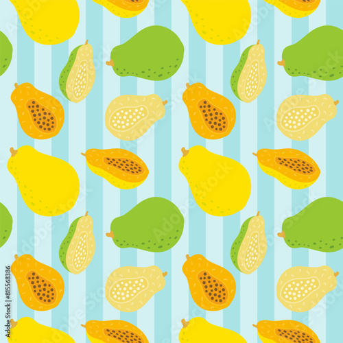 夏の素材：シンプルなパパイヤとストライプのかわいいシームレスパターン