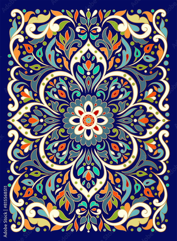 Pattern on a blue background. Vector mandala template. Golden design elements. Traditional Turkish, Indian motifs. Great for fabric and textile, wallpaper, packaging or any desired idea.