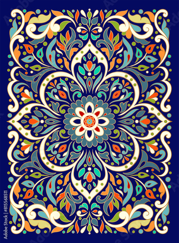Pattern on a blue background. Vector mandala template. Golden design elements. Traditional Turkish, Indian motifs. Great for fabric and textile, wallpaper, packaging or any desired idea.