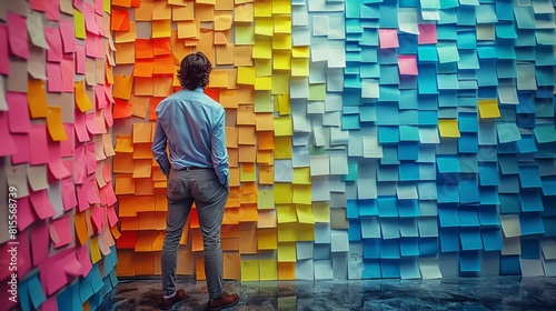Young professional man in business casual standing amidst a colorful wall of sticky notes