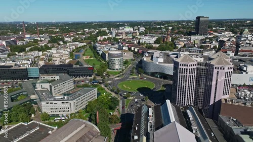 Aerial drone view of Grüne Mitte Essen Park in the city center of Essen, Germany.
