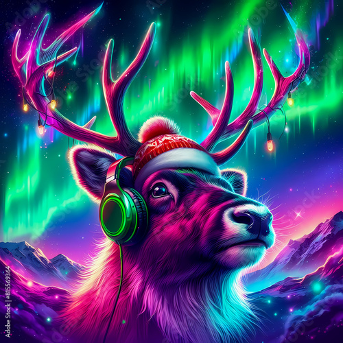 Digital art vibrant colorful reindeer wearing headphones listening to music