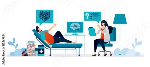 illustration of process of female psychiatric counseling with male patients about mental problems in romantic matters