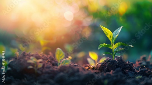 Little tree growing in the soil with sunlight and bokeh background. Nature concept. photo