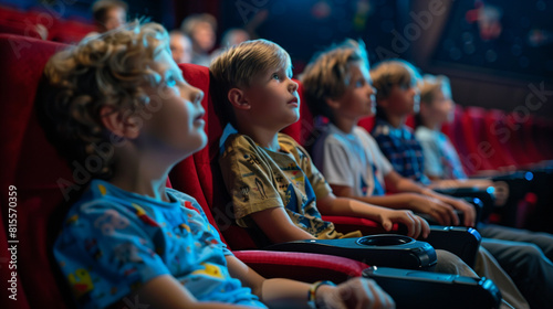 A children s film festival in a local theater on Children s Day  with young moviegoers enjoying animations and short films.