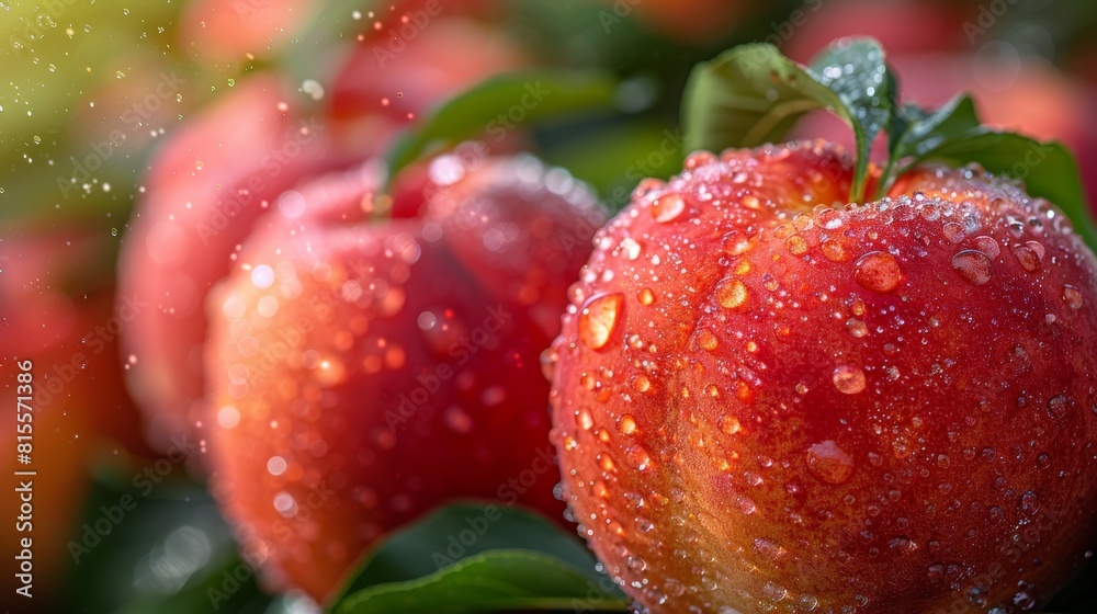 A macro shot that captures the freshness and details of dew drops on the red apples with natural lighting