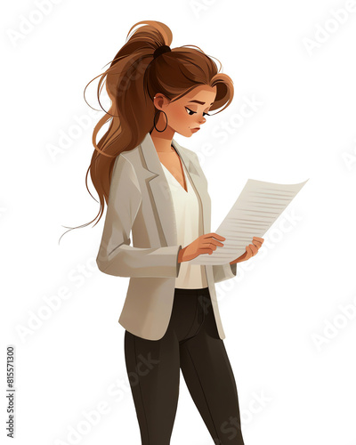 Business woman reading a document, A beautiful young working woman in glasses is reading a document.