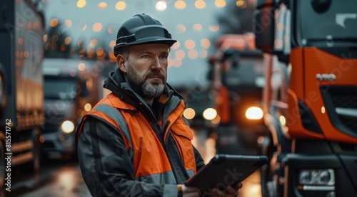 A construction manager in high-visibility vest and helmet holding a tablet at a truck site during evening