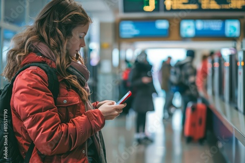 A young woman in a red coat is standing in a train station, looking at her phone photo