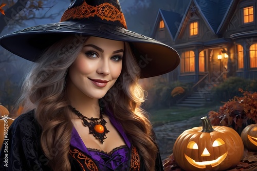 Halloween witch smiling with pumpkin