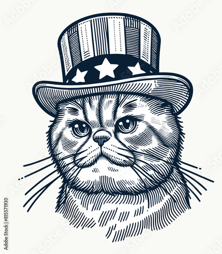 British Shorthair Cat 4th July Line Art Animal Patriotic with American Flag Celebration USA (United State) Art Cute Cartoon For Independence Day Memorial Day Clip Art
