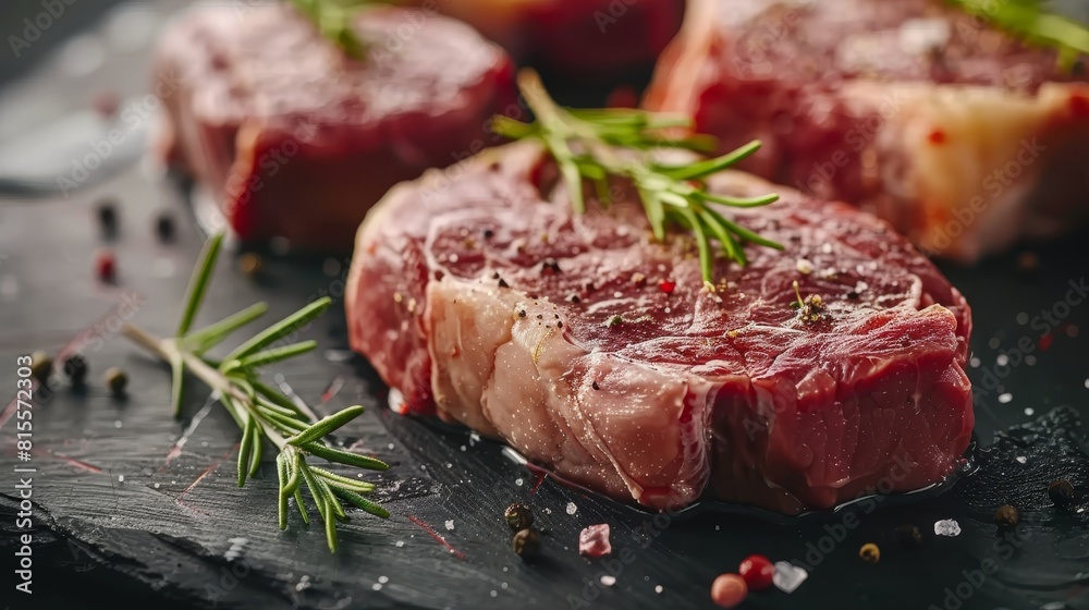 Detailed and focused view of premium veal steaks, each cut presented to emphasize its suitability for distinct culinary techniques, studio lit Detailed and focused view of premium veal steaks, each cut presented to emphasize its suitability for distinct culinary techniques, studio lit
