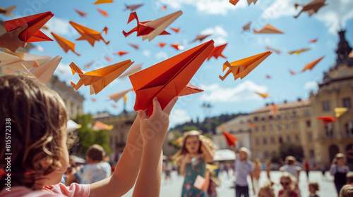 A Children's Day paper airplane contest in a city square, with children launching their creations into the air, competing for distance and style. photo