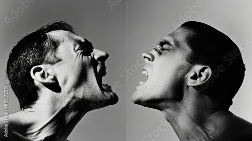 High contrast image of man screaming, juxtaposed with a blurred profile of another figure