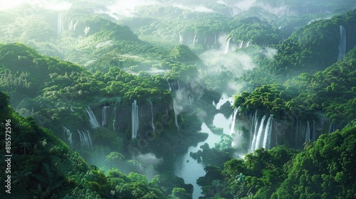 Behold the breathtaking sight of the expansive river meandering through the lush tropical rainforest adorned with cascading waterfalls generating a veil of glistening white mist photo