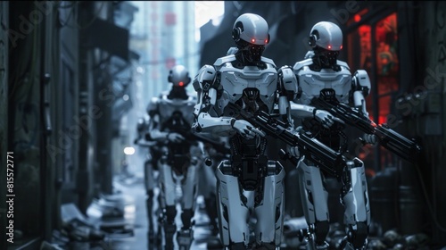 Teams of robots army walk the aisles carrying modern high-tech cyber machine guns. AI generated
