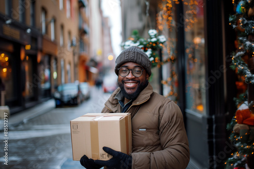 A smiling young  black American delivery man with glasses with a cap holding and carrying a cardboard box