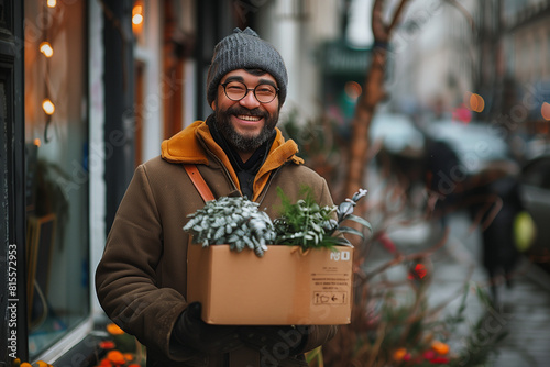 A smiling young  delivery man wearing glasses holding and carrying a cardboard box