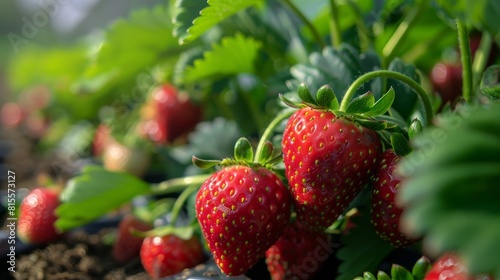 Close-up of strawberries with a focus on the plump and ripe berries amongst the leaves  highlighting their readiness for picking