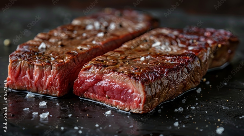 Close-up view of ostrich steak, showcasing the rich texture and unique flavor profile, ideal for specific culinary preferences, studio lit