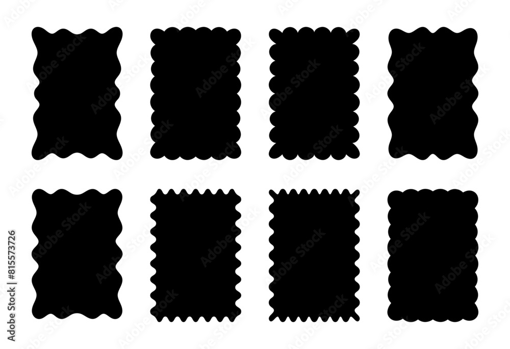 Rectangular shapes with wavy edges on a white background. Tags, labels, stamps, crackers, coupons. Vector flat illustration.