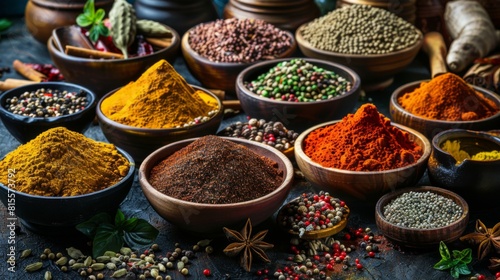 Assorted Spices in Rustic Bowls on Dark Background