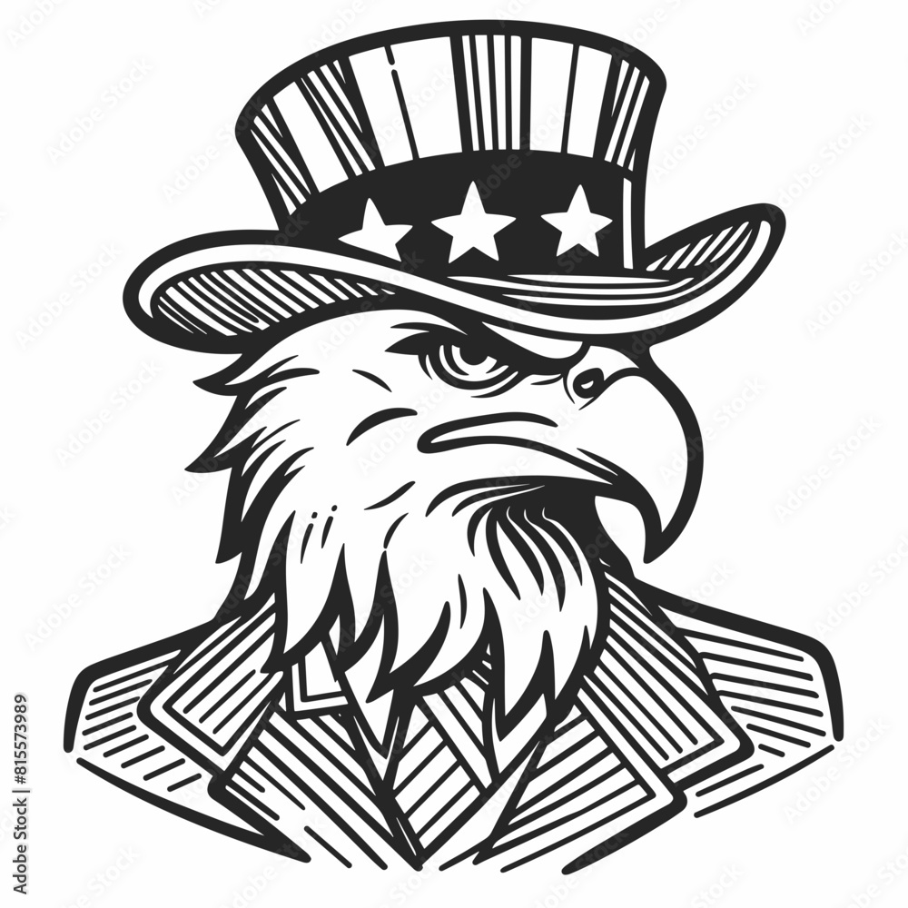 Obraz premium Eagle 4th July Line Art Animal Patriotic with American Flag Memorial Day Clip Art Celebration USA (United State) Art Cute Cartoon For Independence Day