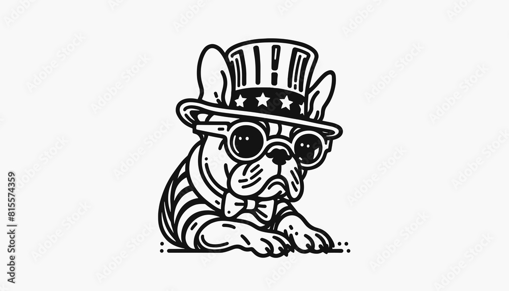 French Bulldog 4th July Line Art Memorial Day Clip Art Animal Patriotic with American Flag Celebration USA (United State) Art Cute Cartoon For Independence Day