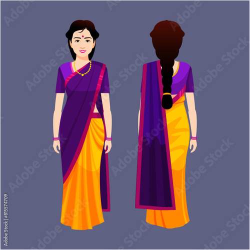 Indian woman with Saree Character poses Vector a woman in a sari with a braided hair.