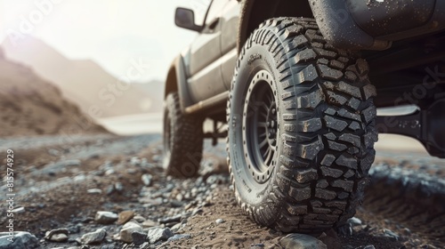 Close-up of a black off-road truck with large all-terrain tires on a gravel road, Pickup car are stopped on a dirt road, from a low-angle view. Gravel road and space for a text