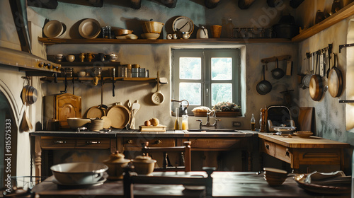 Traditional interior of old village kitchen in historic country house with stucco walls wooden beams oak wood furniture vintage kitchenware : Generative AI © Generative AI