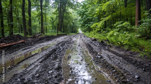 The road conditions were bad in the middle of a muddy and rocky forest. AI generated photo