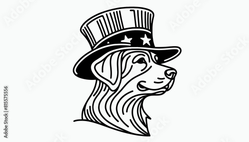 Labrador Retriever Dog 4th July Line Art Celebration USA (United State) Art Cute Cartoon For Independence Day Animal Patriotic with American Flag Memorial Day Clip Art