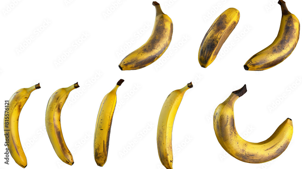 Bananas: Display from curved top view, side elongated view, and front view, with some peeled and others whole, on transparent background, PNG Bananas: Display from curved top view, side elongated view, and front view, with some peeled and others whole, on transparent background, PNG