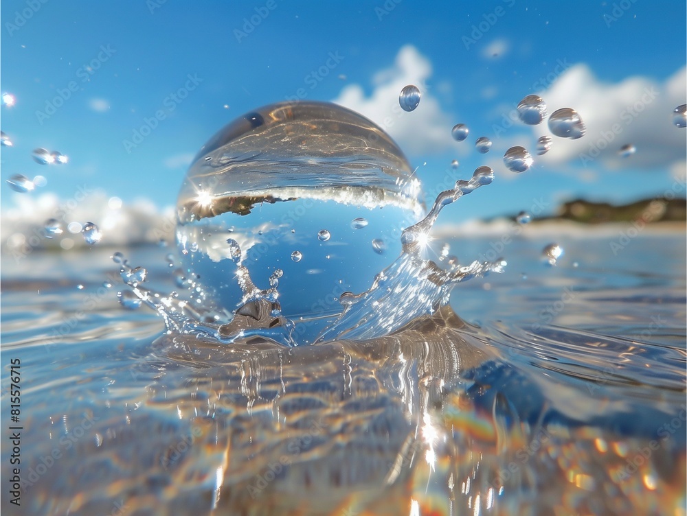 Water droplets on a water surface with a reflection of a sphere ...