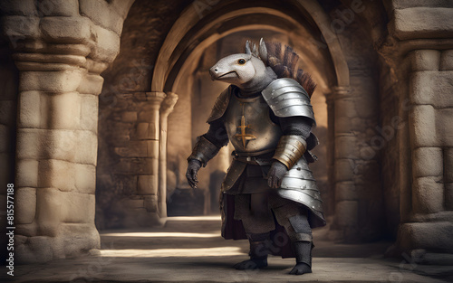 Knight armadillo in armor, standing in a medieval castle setting. Heroic and unique