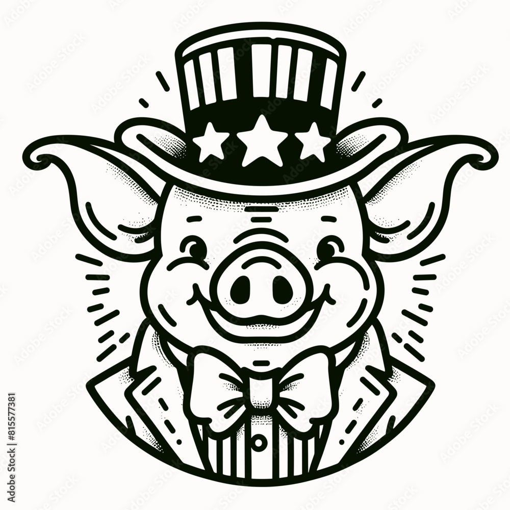 Fototapeta premium Pig 4th July Line Art Animal Patriotic with American Flag Memorial Day Clip Art Celebration USA (United State) Art Cute Cartoon For Independence Day