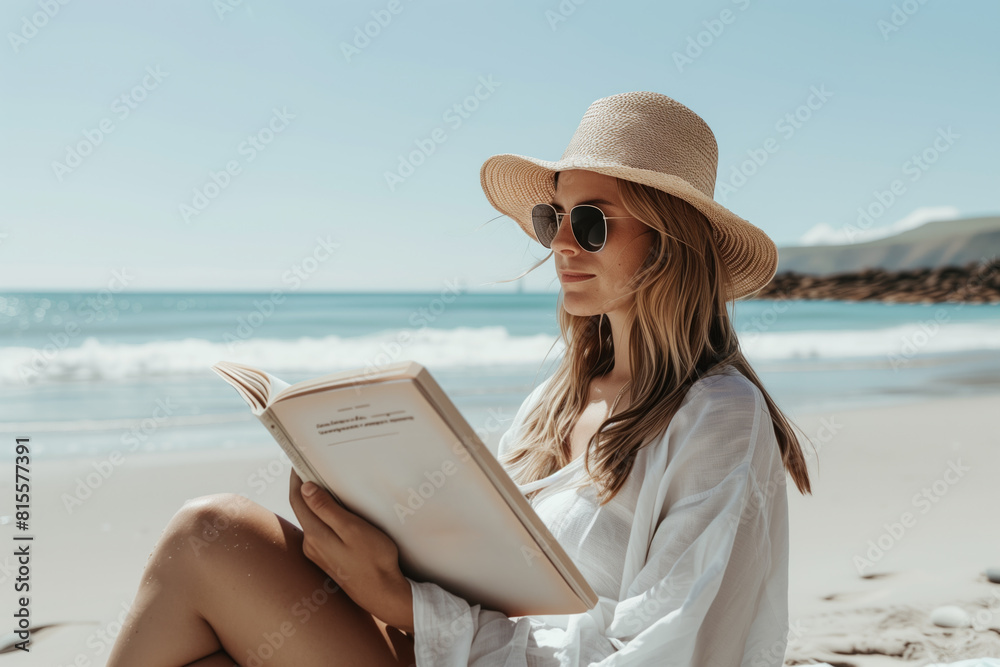 Woman reading a book on the beach wearing a sun hat and sunglasses, enjoying a sunny day by the ocean, relaxed and calm.