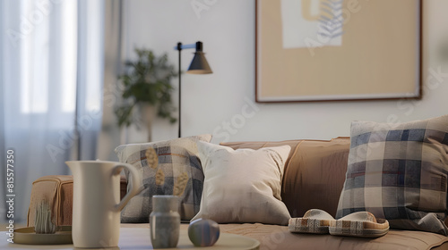 Interior design of cozy living room interior with mock up poster frame brown sofa patterned pillow plaid slippers round coffee table beige pitcher and personal accessories Home decor T : Generative AI photo