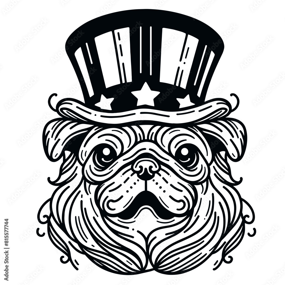 Pug Dog 4th July Line Art Animal Patriotic with American Flag Celebration USA (United State) Art Cute Cartoon For Independence Day Memorial Day Clip Art
