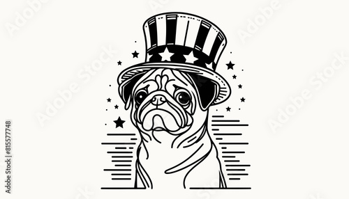 Pug Dog 4th July Line Art Memorial Day Clip Art Celebration USA  United State  Art Cute Cartoon For Independence Day Animal Patriotic with American Flag