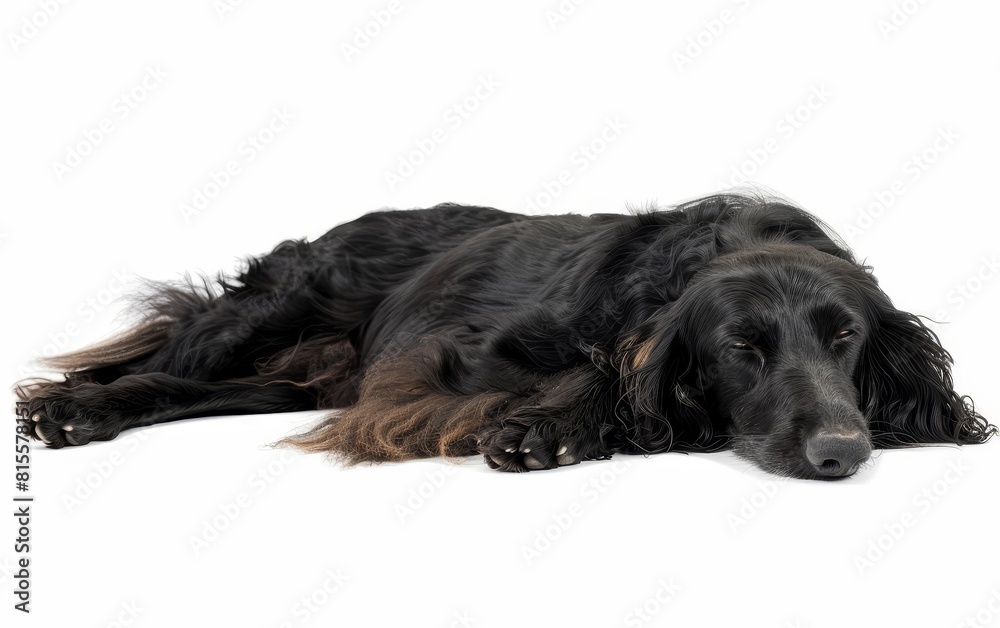 This serene image captures a black Afghan Hound in repose, with its luxurious coat sprawled elegantly. The dog's closed eyes convey a sense of peace and relaxation. This serene image captures a black Afghan Hound in repose, with its luxurious coat sprawled elegantly. The dog's closed eyes convey a sense of peace and relaxation.
