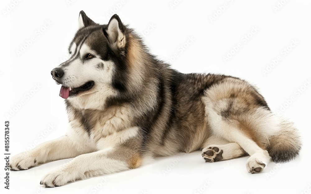 A serene Alaskan Malamute sleeps soundly, its luxurious coat and calm repose showcasing the breed's gentle and composed nature. The dog's peaceful slumber invites a sense of tranquility.