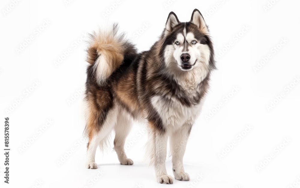 Obraz premium A proud Alaskan Malamute stands with a bold stance, its dense coat and alert expression reflecting the breed's resilience and dignity. This dog embodies the spirit of the great northern wilderness.