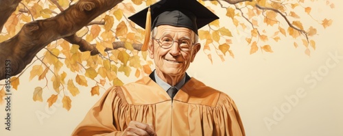 An elderly graduate in a doctoral gown, proudly holding a framed diploma, standing beside a large oak tree photo