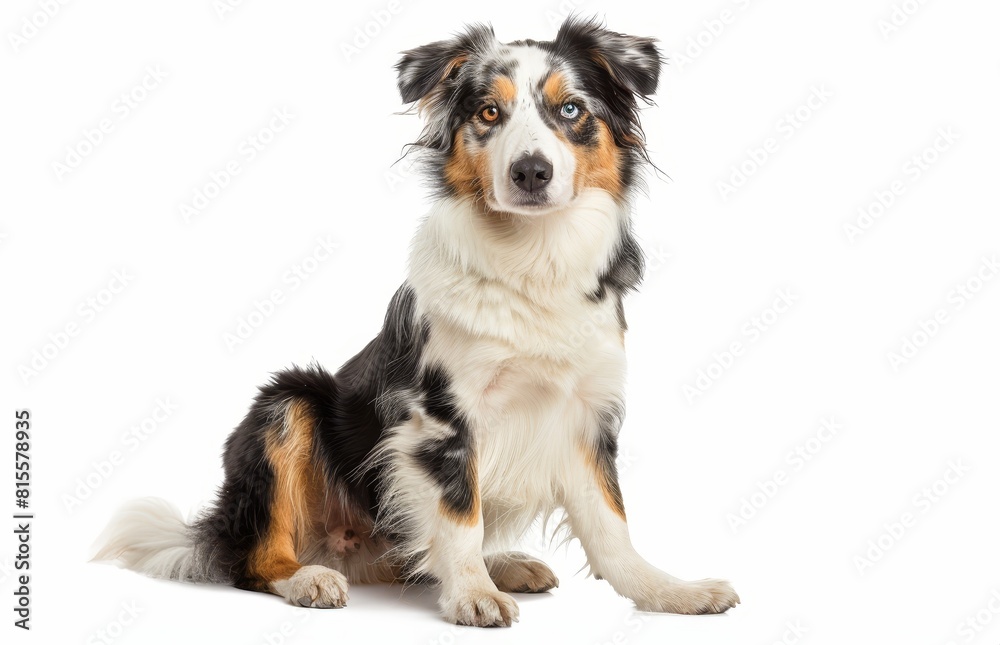 An attentive Australian Shepherd sits up, its tri-colored coat beautifully groomed. The dog's focused expression reflects its responsive and trainable nature.