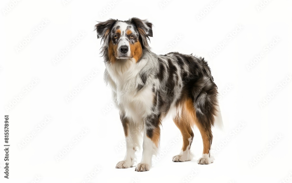 A majestic Australian Shepherd stands poised, its merle coat and attentive eyes indicative of its alert and active nature. The dog's stance displays confidence and readiness. A majestic Australian Shepherd stands poised, its merle coat and attentive eyes indicative of its alert and active nature. The dog's stance displays confidence and readiness.