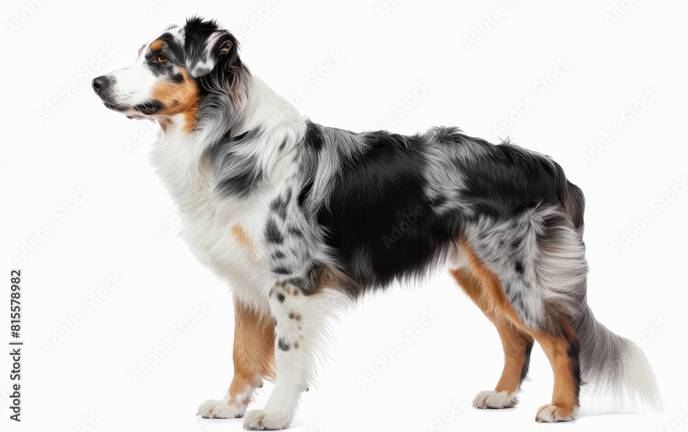 The profile of a regal Australian Shepherd is captured here, showing off its flowing coat and noble posture. This breed's attentiveness and strong herding lineage are evident.