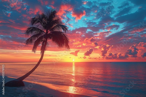 Palm Tree on Tropical Beach  Silhouetted against a colorful sunset backdrop.